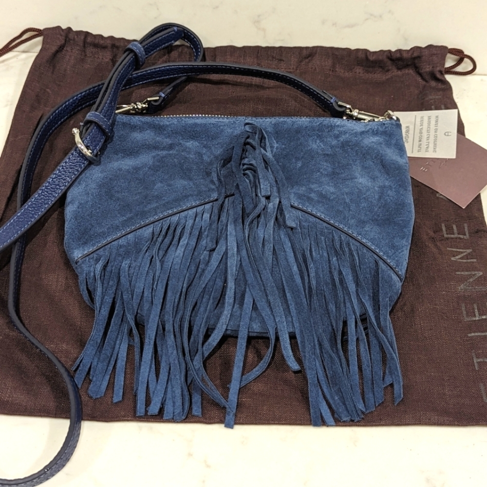 Etienne Aigner Blue Suede Fringe Crossbody Bag
